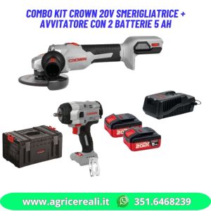 Combo Kit Crown 20V smerigliatrice + avvitatore con 2 batterie 5 AH