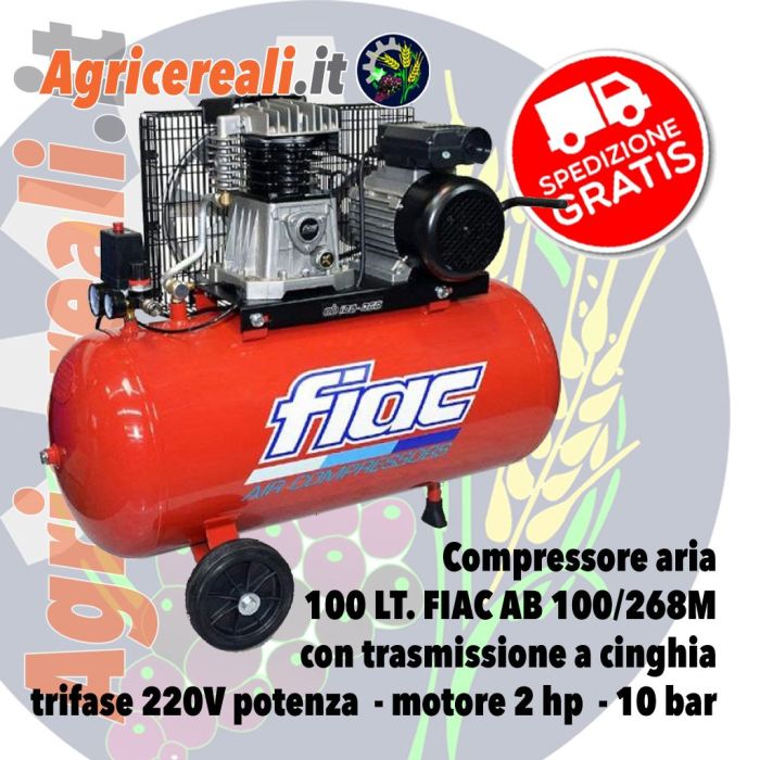 Compressore aria 100 LT. FIAC AB 100/268M con trasmissione a cinghia  trifase 220V - 2 hp - 10 bar 